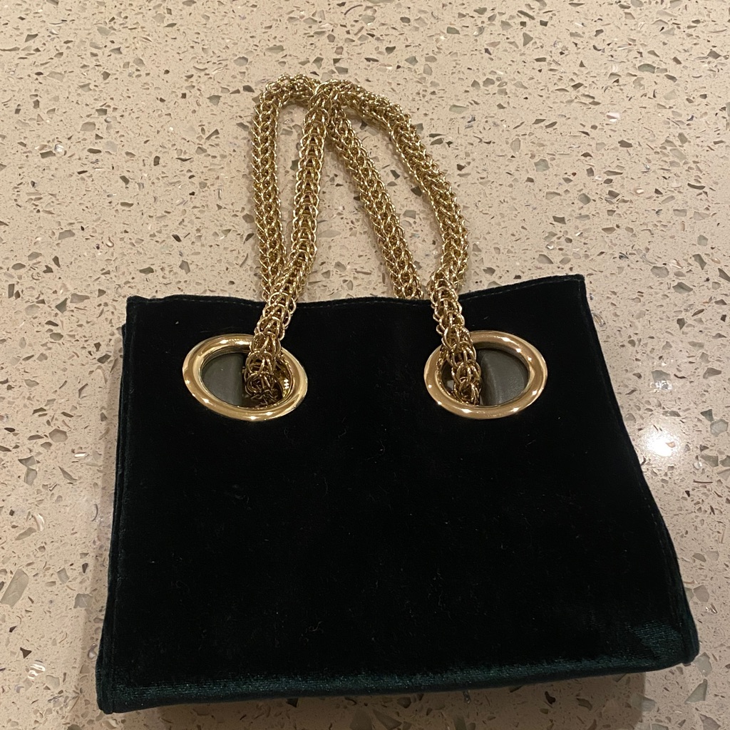 Elegant Dark Green Velvet Tote Bag With Gold Chain